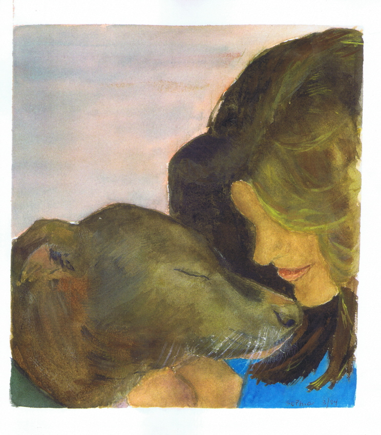 Dog and Woman, Water color painting by Sophia Ehrlich March 2004
