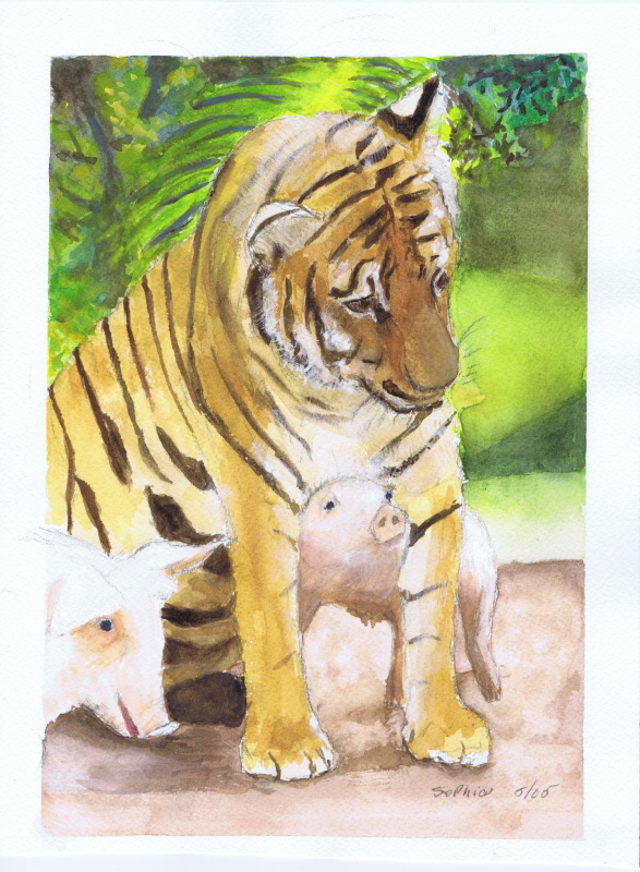 Tiger and Pig watercolor painting by Sophia Ehrlich, May 2005