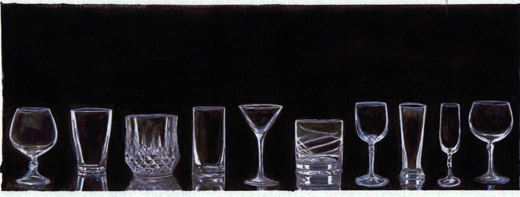 "Possibilities" acrylic painting by Lahle Wolfe. Black background with empty water crystal glasses in a row.