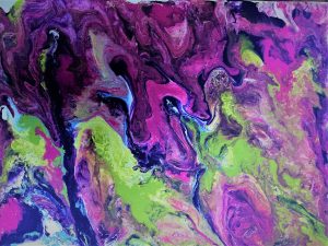 "Purple Explosion" acrylic painting by Los Angeles artist Lahle Wolfe. Bright purple. green and blue paints.
