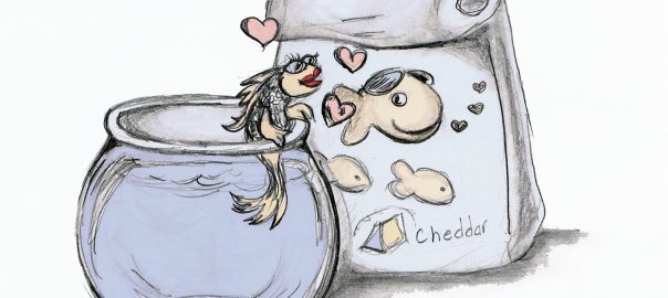 Comic strip by Lahle Wolfe - A gold fish is in love with a goldfish cracker.