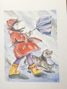 Windy Weather Girl Line and Wash Watercolor painting.