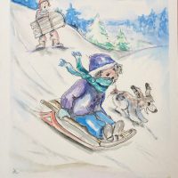 Girl riding a sled down a wintery hill. Line and wash watercolor
