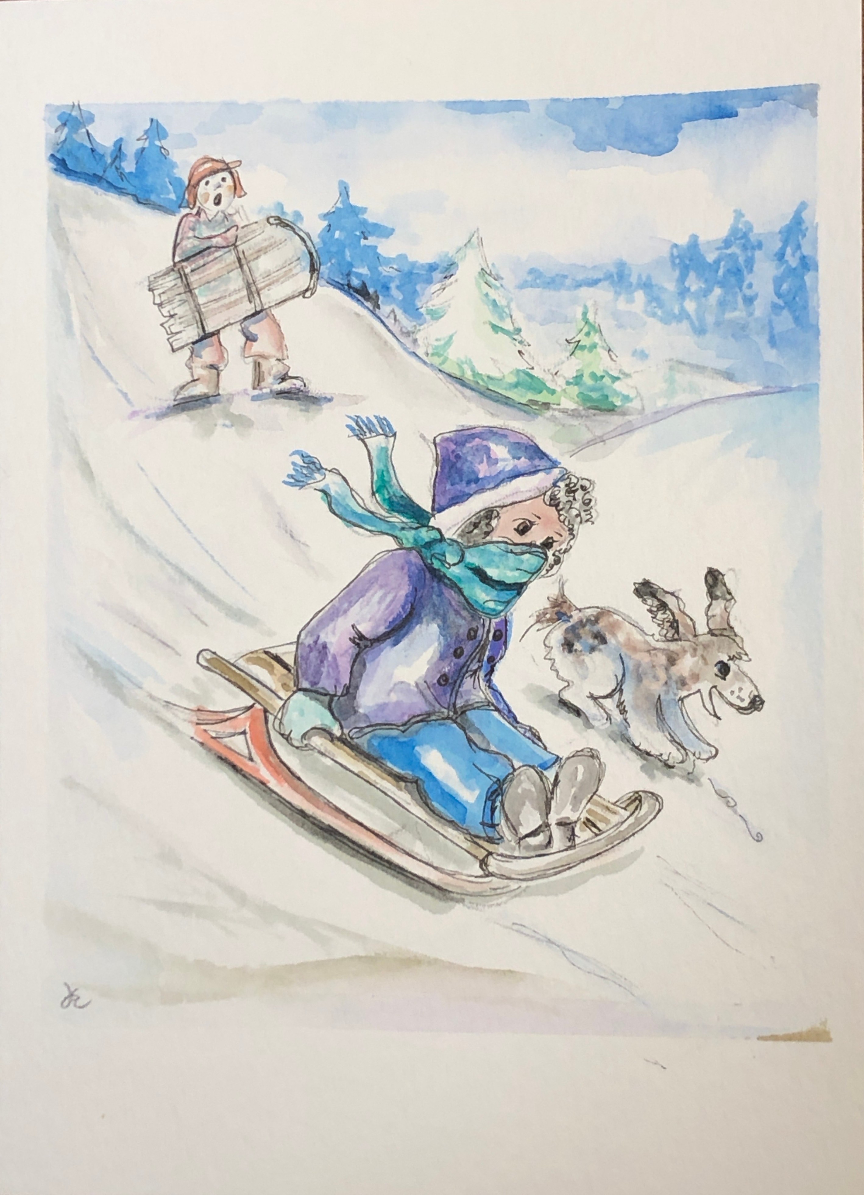 Girl riding a sled down a wintery hill. Line and wash watercolor 