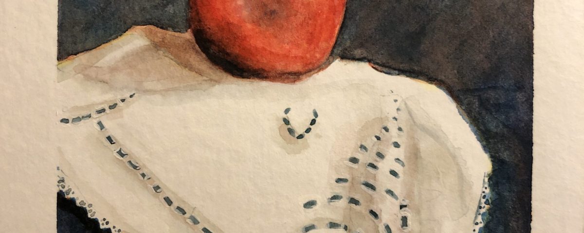 Still Life Watercolor Painting of a red apple on a lace doilie.