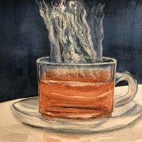 Watercolor painting of a steaming hot cup of tea.