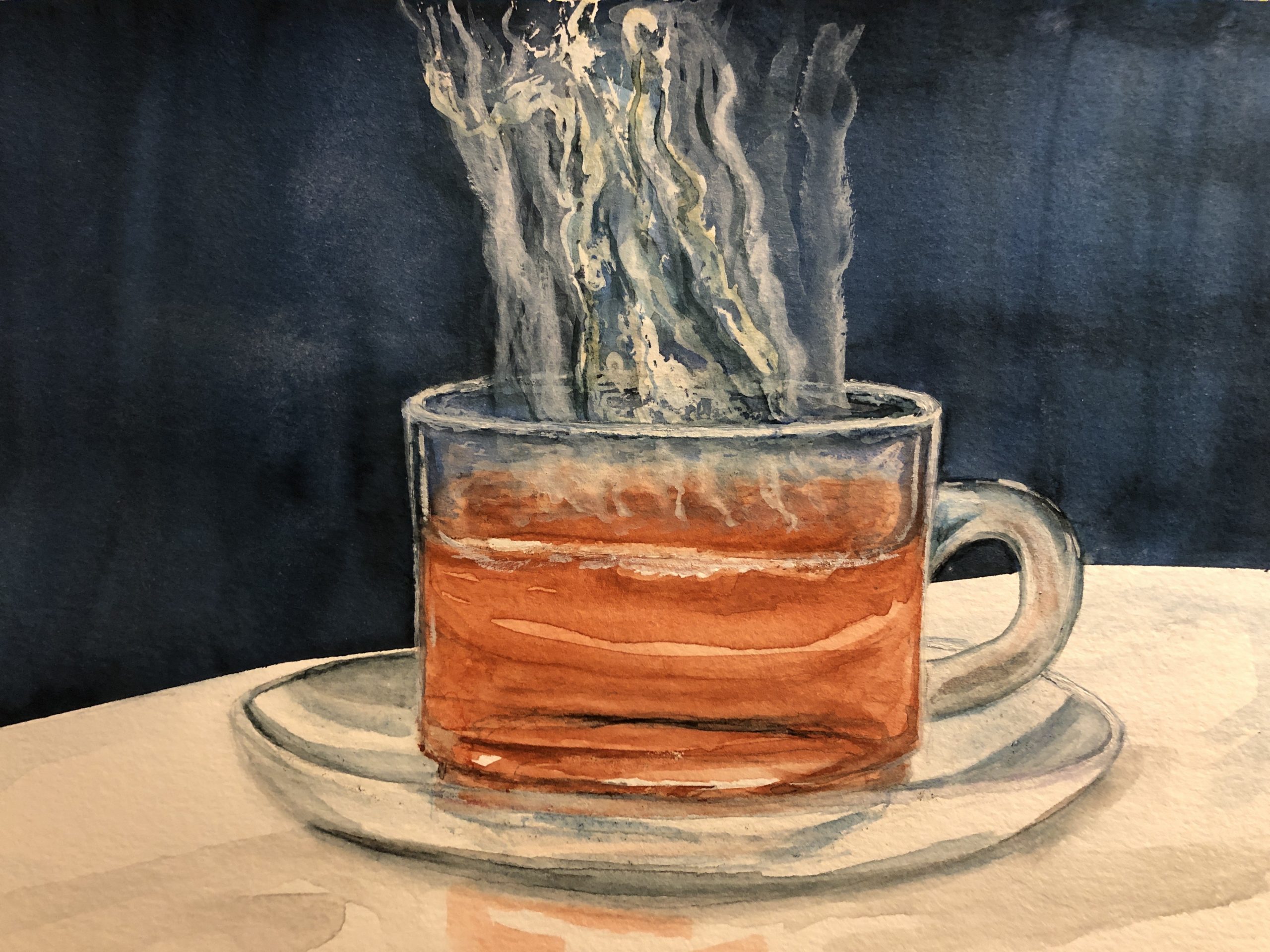 Watercolor painting of a steaming hot cup of tea.